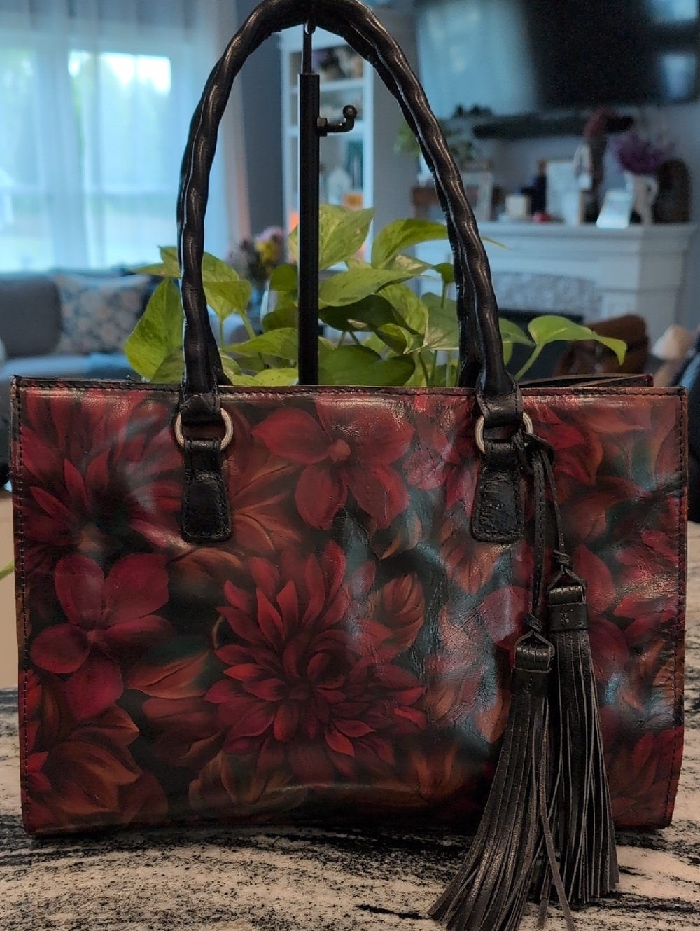 Patricia Nash Red & Black Floral Leather Tote with Tassels